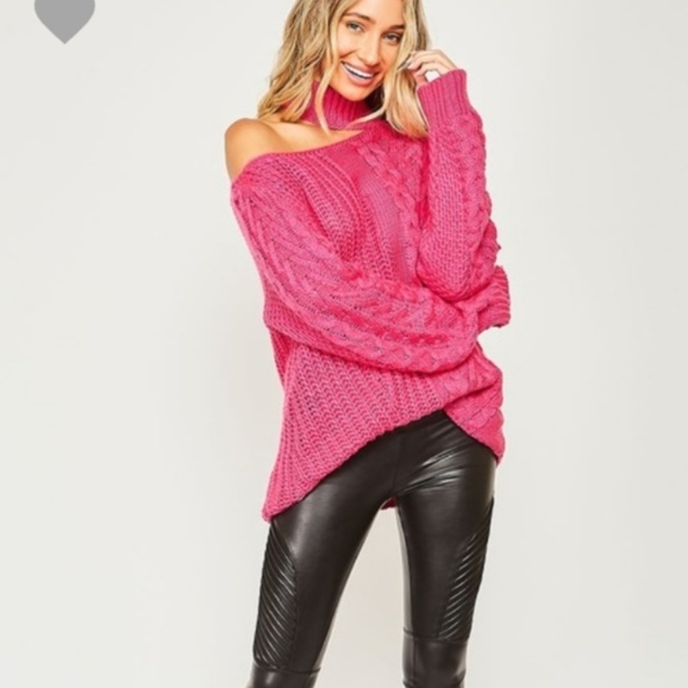 NWT One Shoulder Mock Neck Cable Knit Sweater in Tan, S - Picture 6 of 9